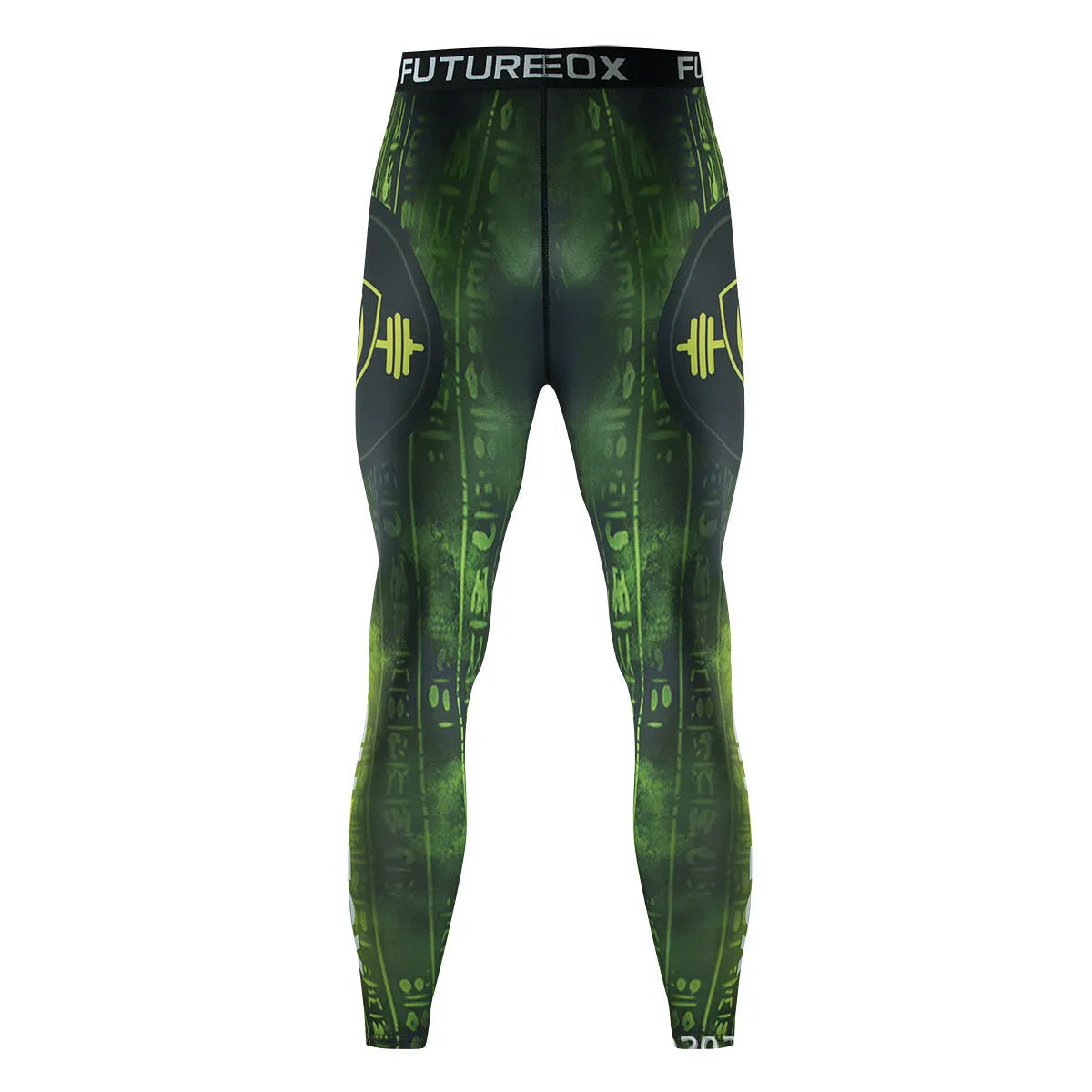 Man wearing a slim-fit, long-sleeve printed sports suit for running or fitness exercise.