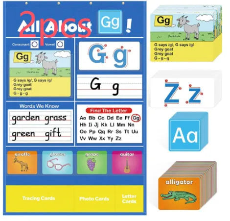 Children's alphabet learning chart with word cards, letter cards, picture cards and educational songs