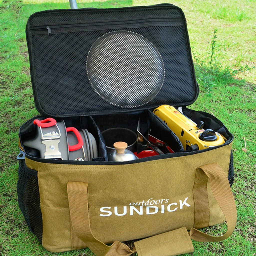 Khaki outdoor folding storage box and shopping bag, 600D Oxford cloth with EPE, approx 370x330mm, with hanging holes and D buckles.