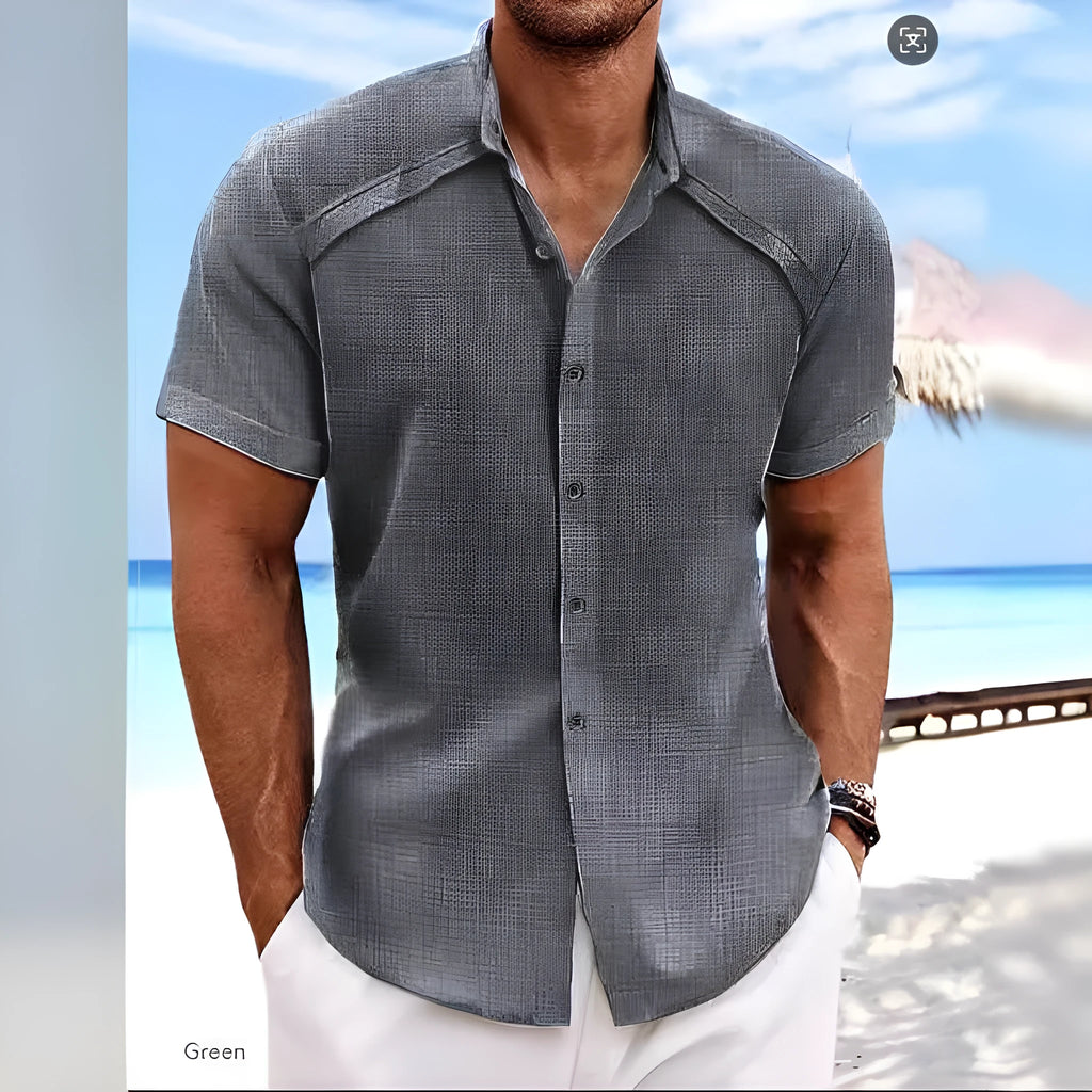 Hawaiian casual short sleeve shirt in solid colour cotton blend fabric