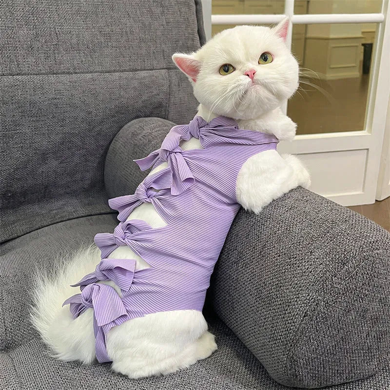 Adjustable polyester cat recovery suit for post-operation wear in blue colour with lace-up closure