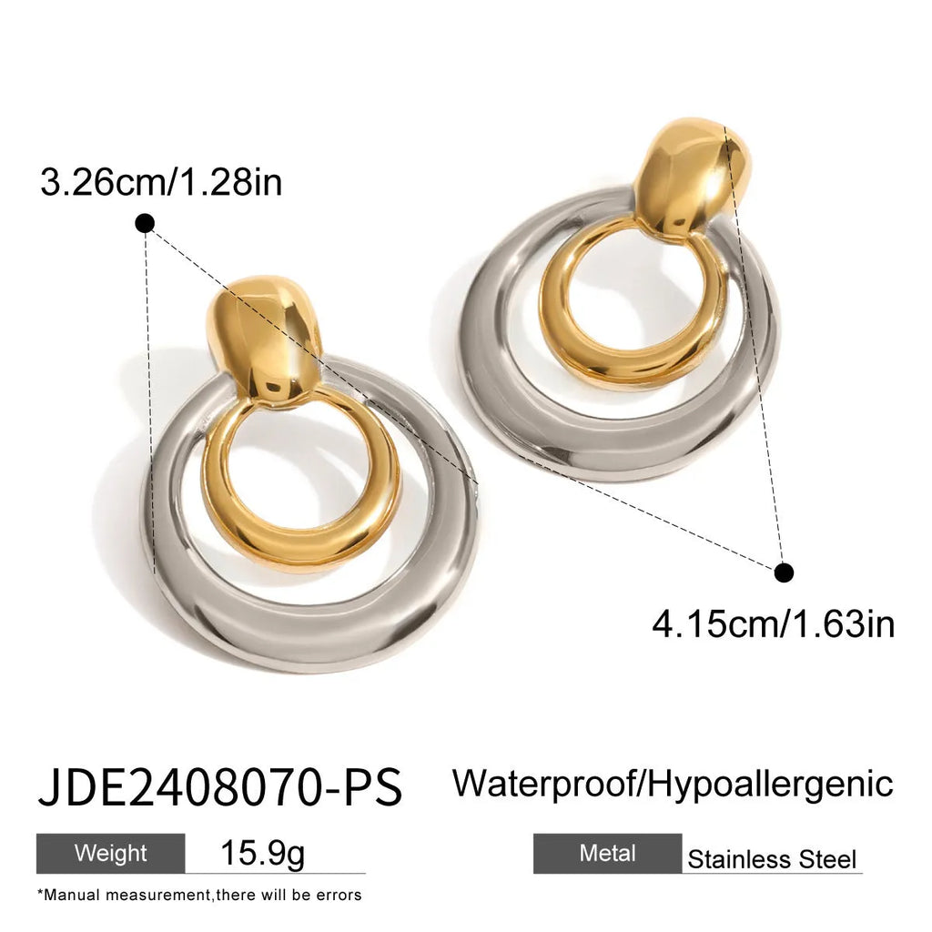 Golden electroplated titanium steel hollow geometric stud earrings showing double layer round design