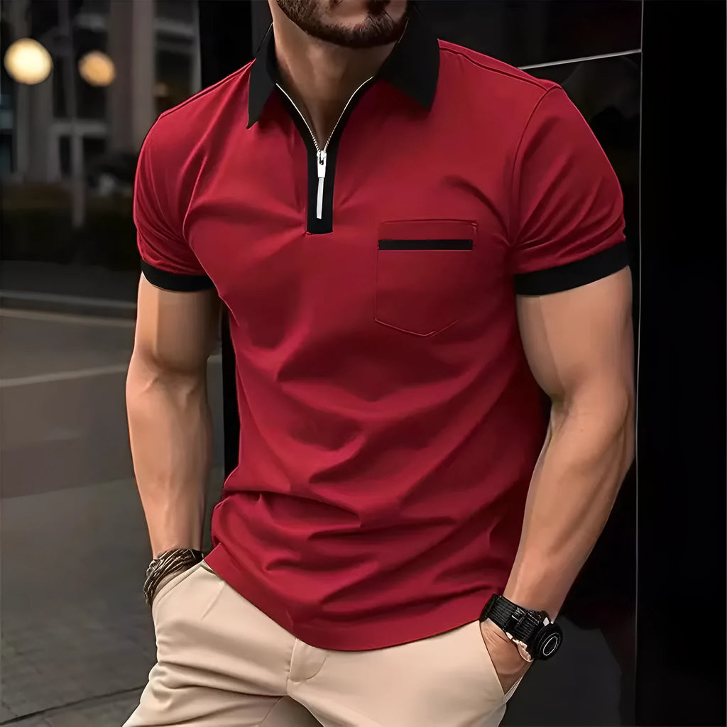 Men's loose fit short sleeve casual shirt with chest pocket and zip decoration detail.