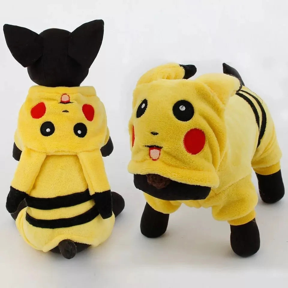 A cat or small dog wearing a soft fleece hoodie coat in a cartoon cosplay style.