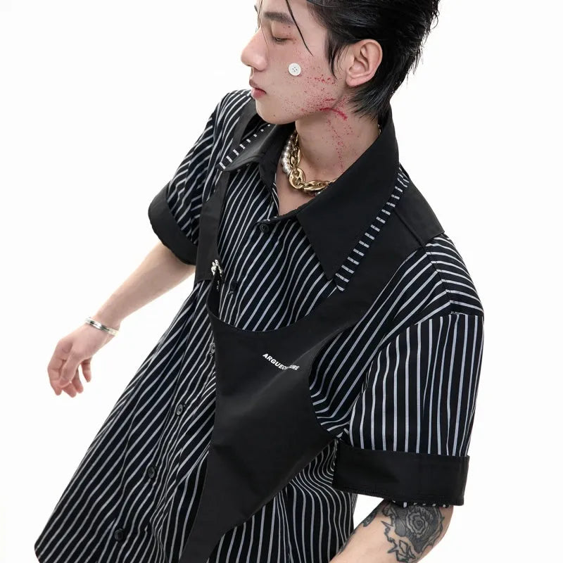 Men's black and white striped cotton short sleeve shirt with lapel collar