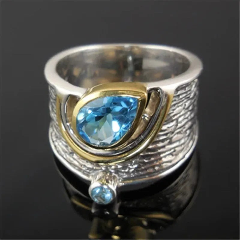 Blue Chinese style women's ring with zircon rhinestones in drop shape design