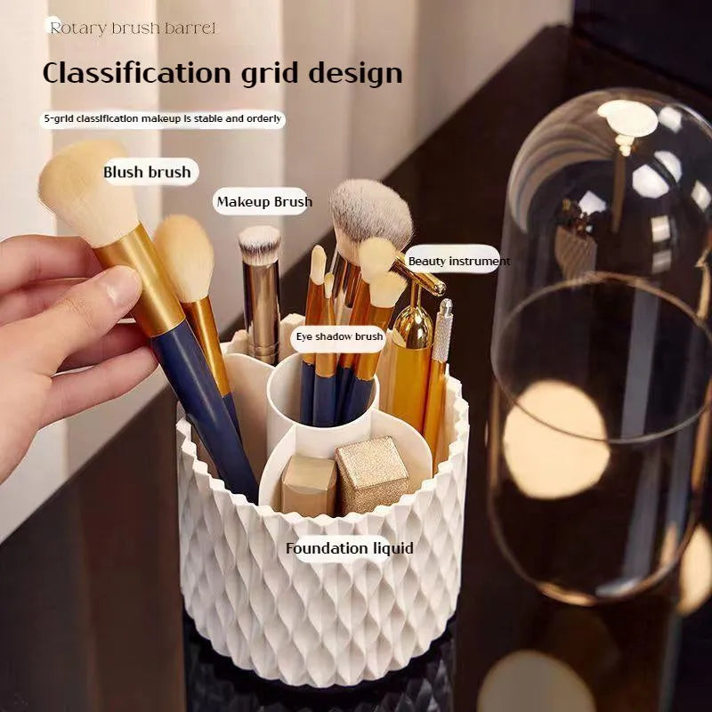 White transparent acrylic rotating makeup brush storage holder with dust-proof lid on desktop