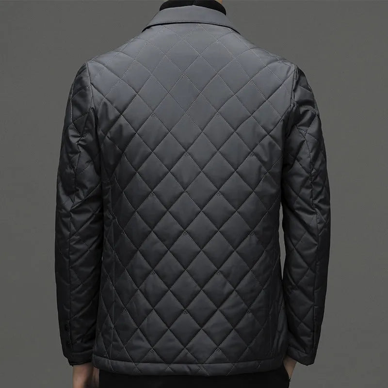 Men's black lapel down jacket with side pockets showing thickened winter construction