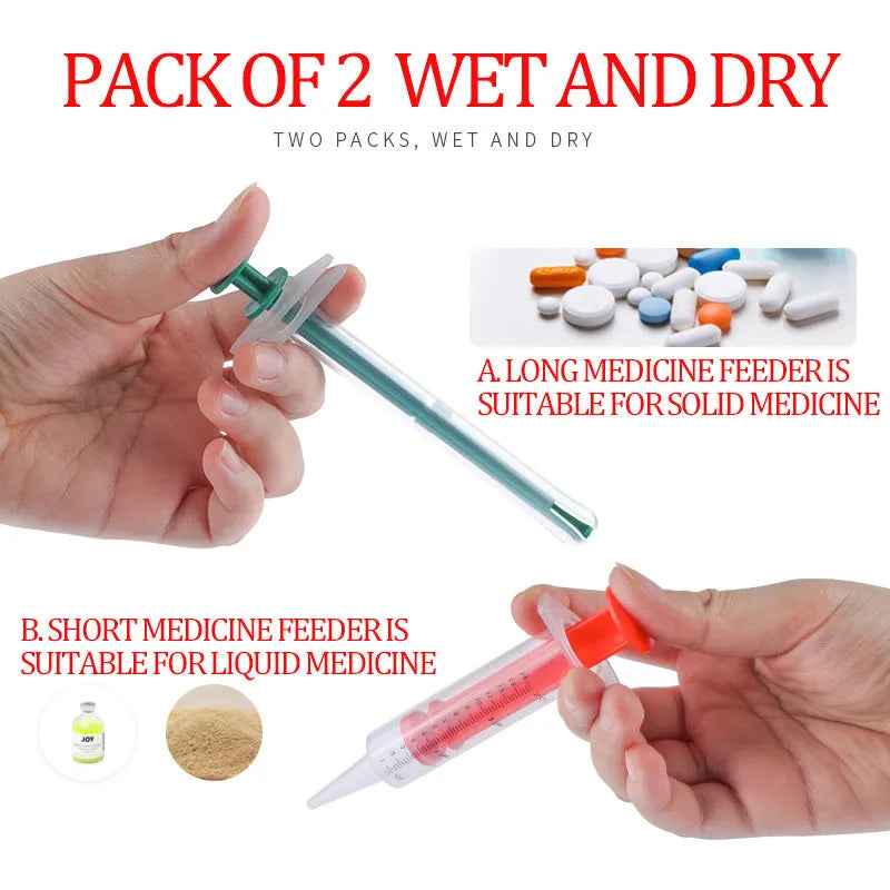 Two silicone pet pill shooter dispensers with soft tips for feeding medicine to cats and dogs
