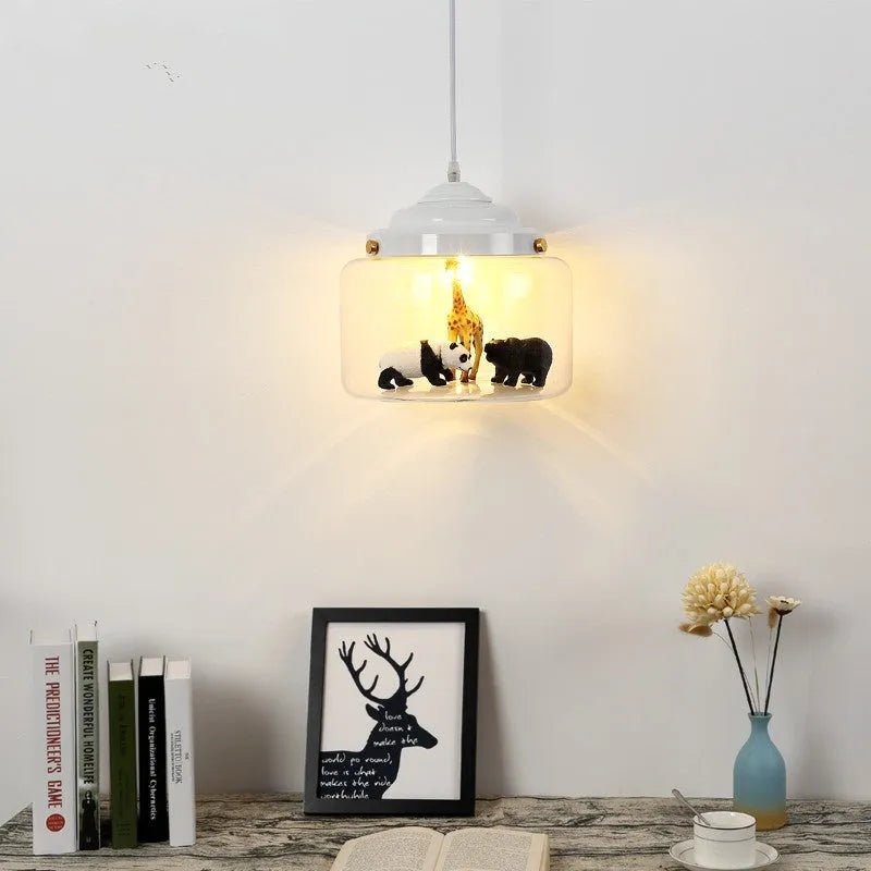 Animal cartoon glass chandelier in Nordic style with iron droplight base, available in Moon White and Charming Black