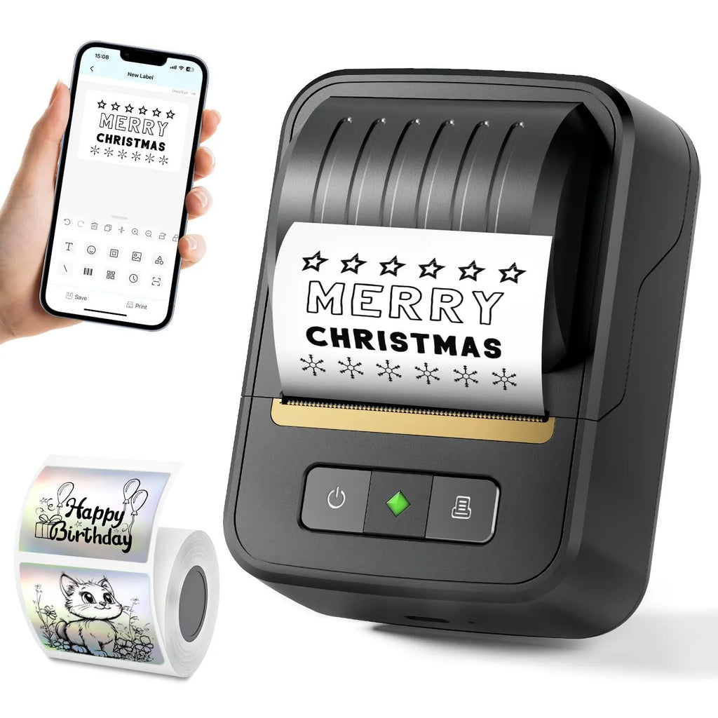 Black Bluetooth portable thermal label printer with a Type-C charging port and a roll of 40x30mm labels visible