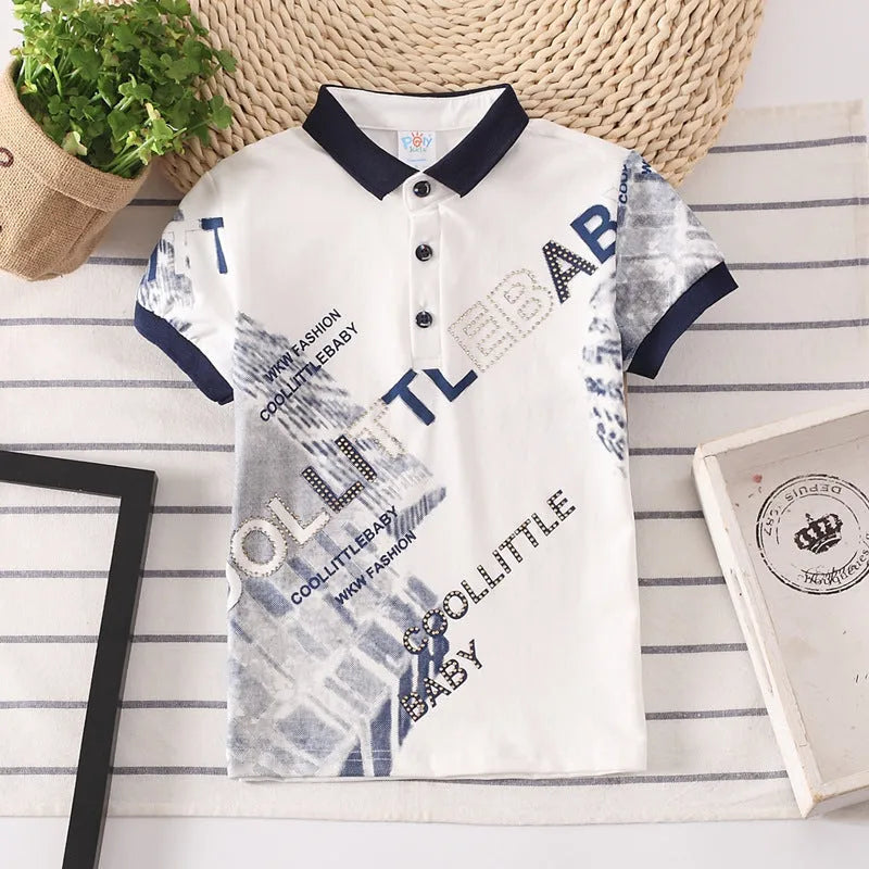 Boys short sleeve cotton shirt in grey, navy, red or white with lapel collar.