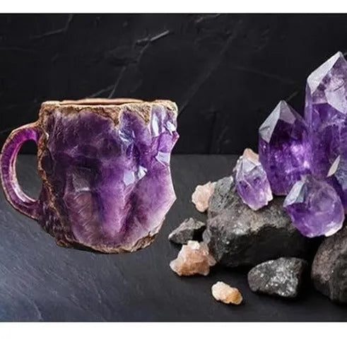 Clear resin mineral crystal coffee mug with handle in a blue colour, showing 400ml capacity.