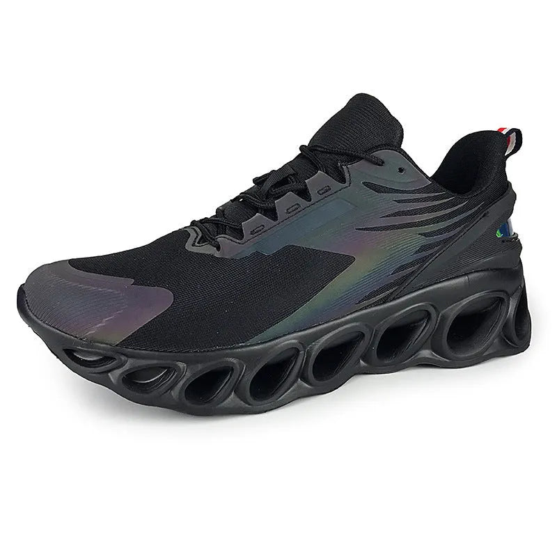 Breathable mesh men's casual sports shoes with lace-up front in black, white, or dark blue colours