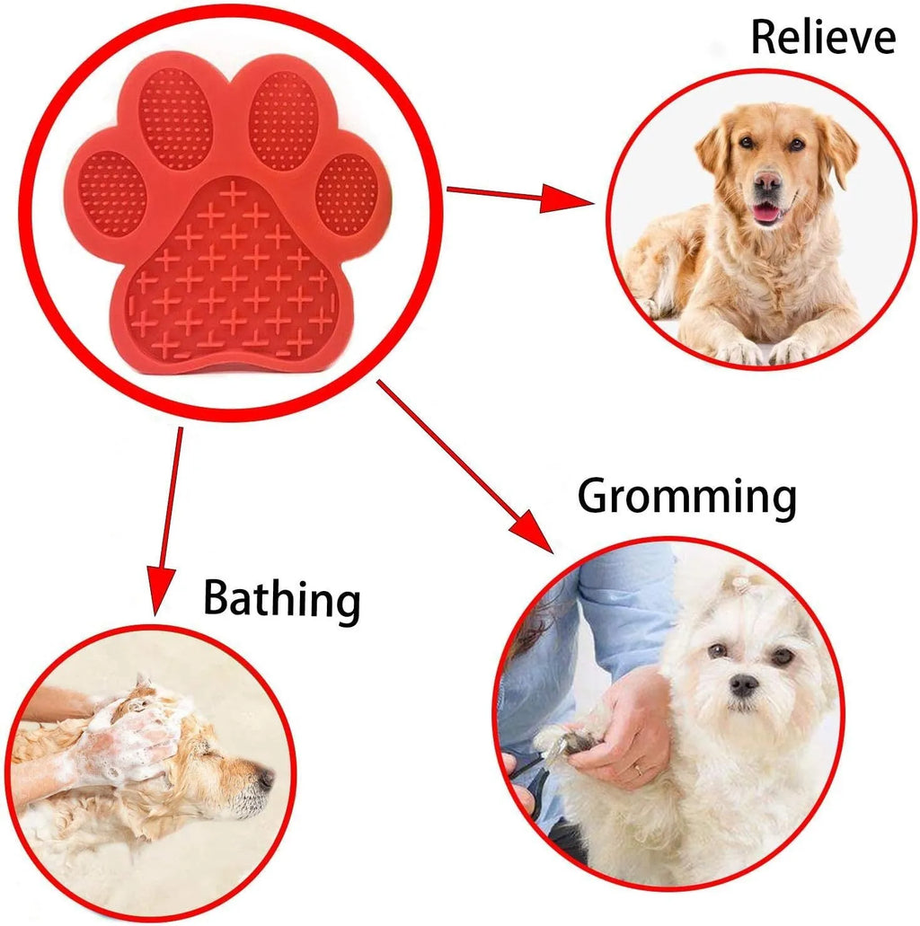 Blue silicone dog licking mat with bone texture and suction cups on a tiled wall