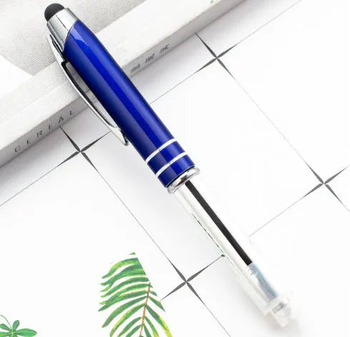 Metal capacitive stylus LED ballpoint pen in five colour options showing bullet pen head