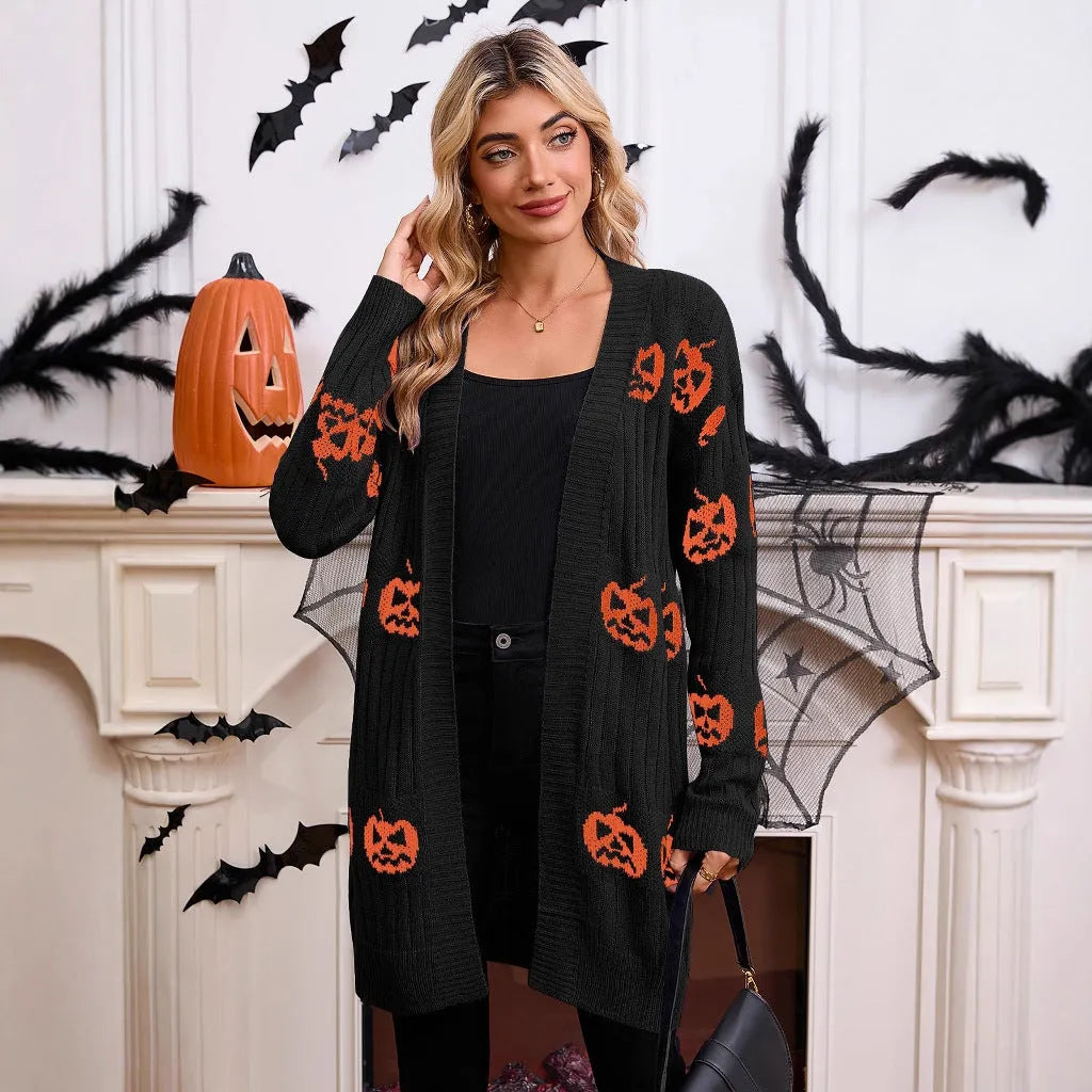 Women's black Halloween cardigan with orange pumpkin head jacquard pattern, medium length straight cut