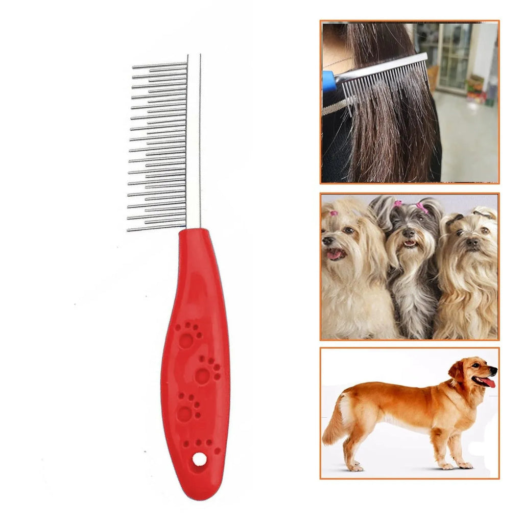 Red pet grooming comb with stainless steel dual-length teeth and plastic handle