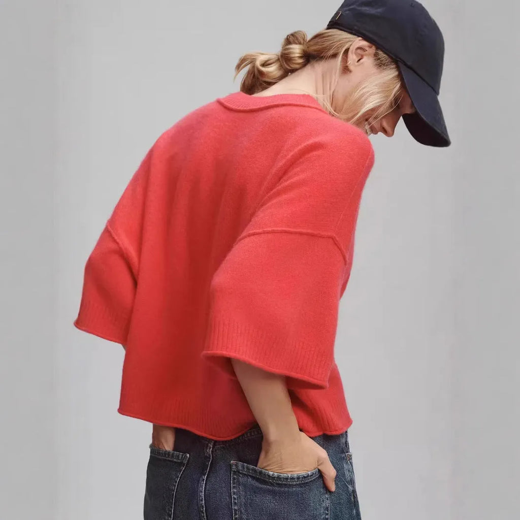 Red short viscose T-shirt with an exposed navel detail on a model, showing the regular sleeve and pullover style.