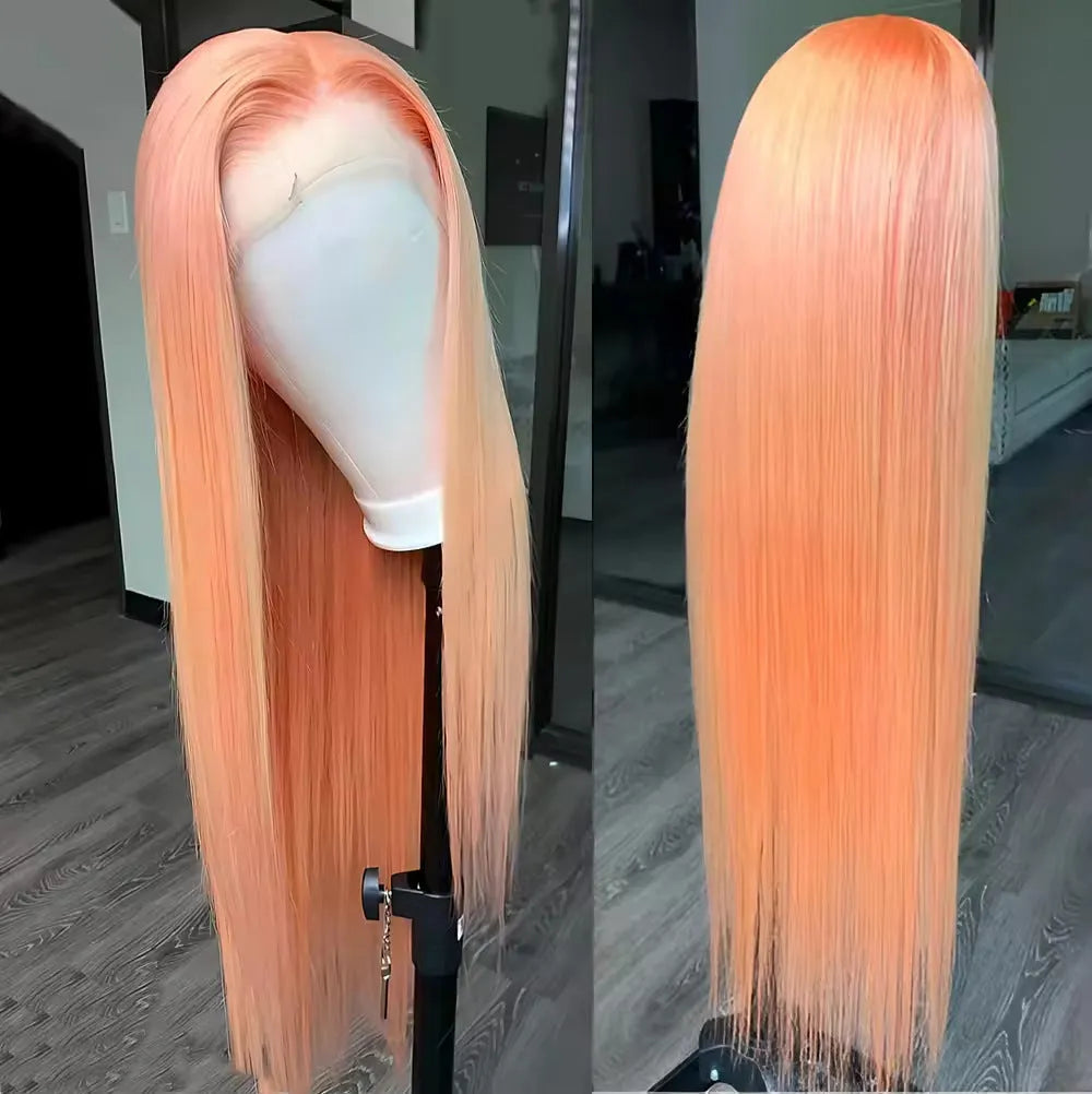 Light orange long straight front lace wig on a model, showing side bangs style.