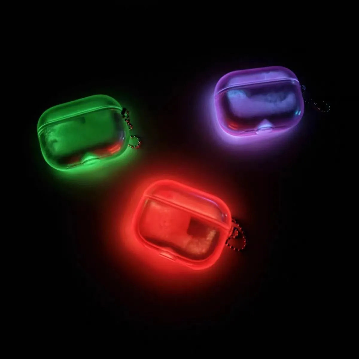 Fluorescent quicksand liquid luminous TPU earphone case with carabiner for AirPods, pink colour option