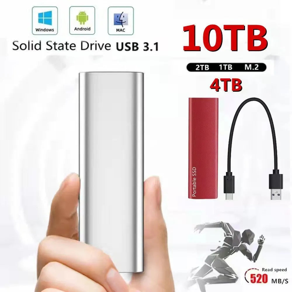 Ultra-thin metal mobile SSD external hard drive showing multiple capacity options and colour interfaces