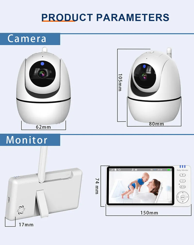 White wireless baby monitor with 5-inch HD screen showing baby room temperature display