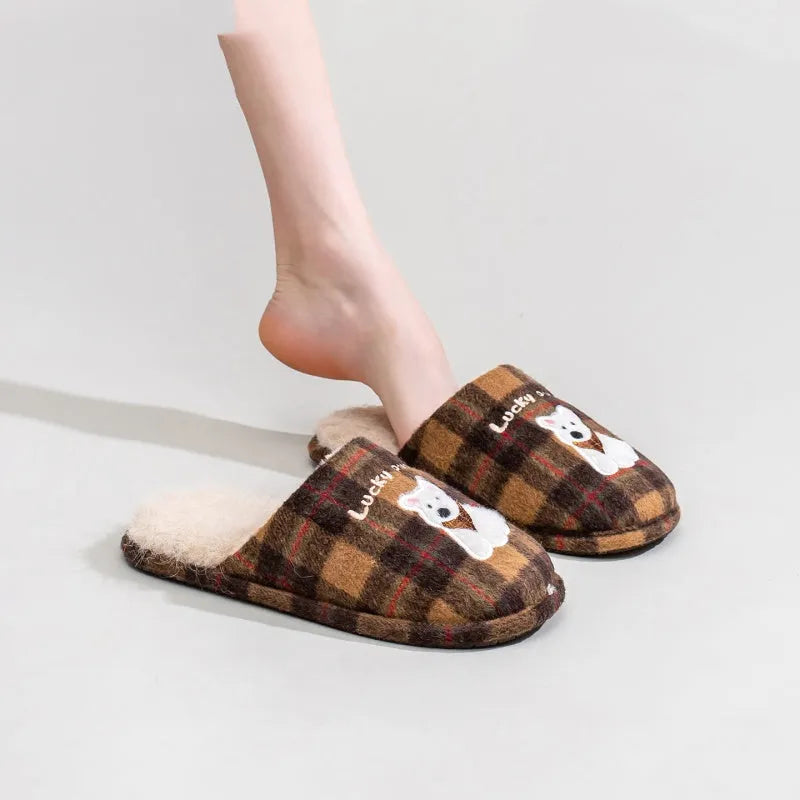 Indoor plush cotton slippers soft fluffy non-slip in chestnut coffee colour