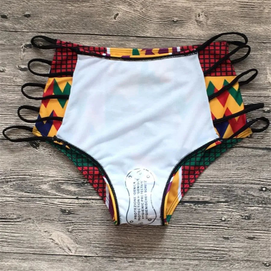 Women's digital print bikini swimsuit with high-waist briefs and backless top