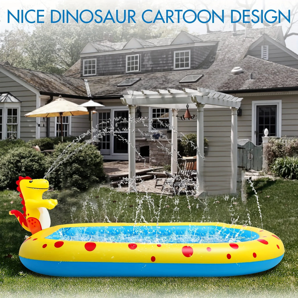 Blue dinosaur-shaped inflatable pool with shark design measuring 170cm long for kids' water play