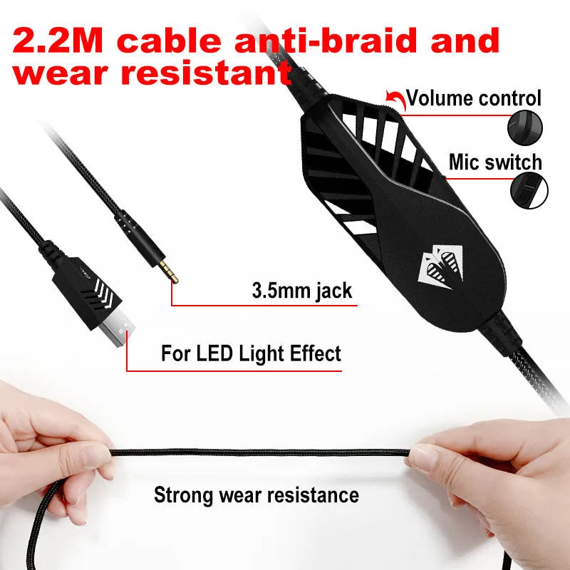 Wired gaming headset with microphone and breathing LED lights in multiple colour options