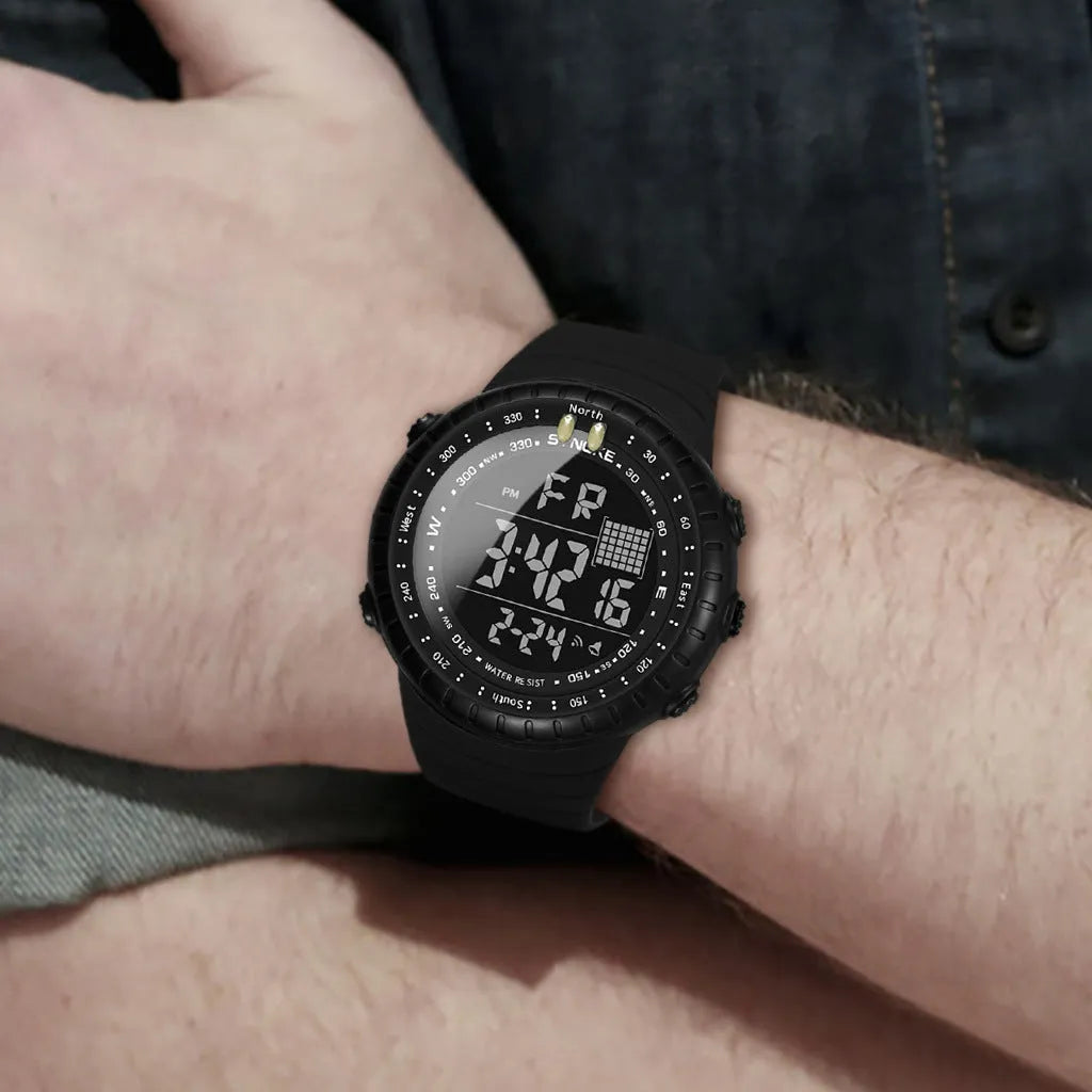 Black waterproof digital watch with 54.74mm dial and adjustable PU strap