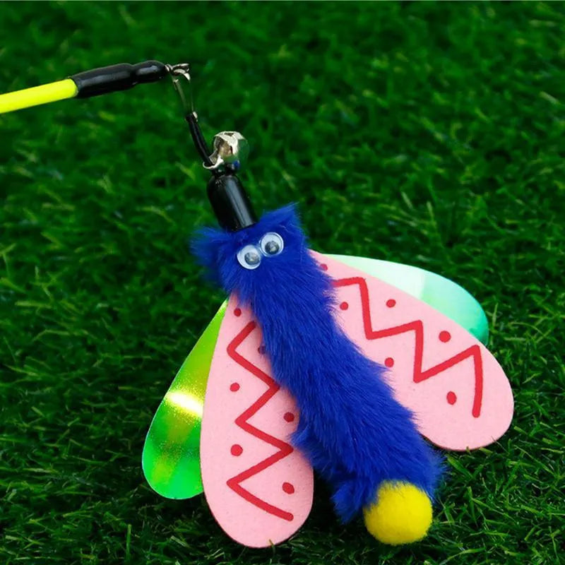 Blue cat wand toy with dragonfly bell attachment measuring 49cm long