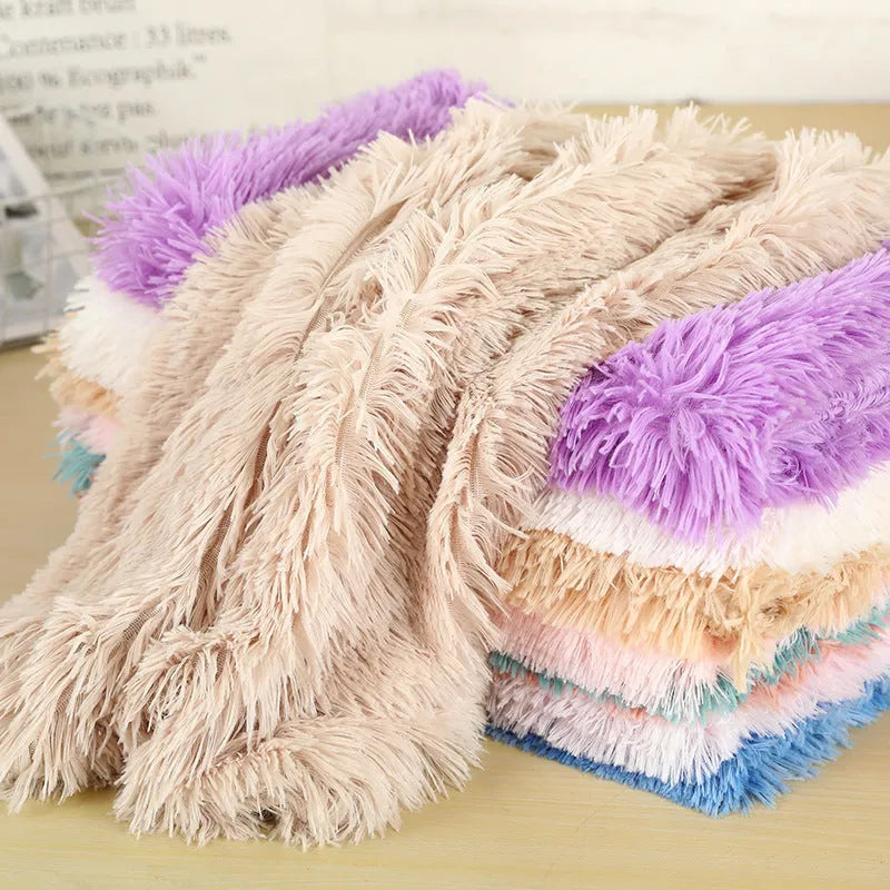 Beige rectangular pet dog plush mat with 4cm plush fabric on floor for indoor use