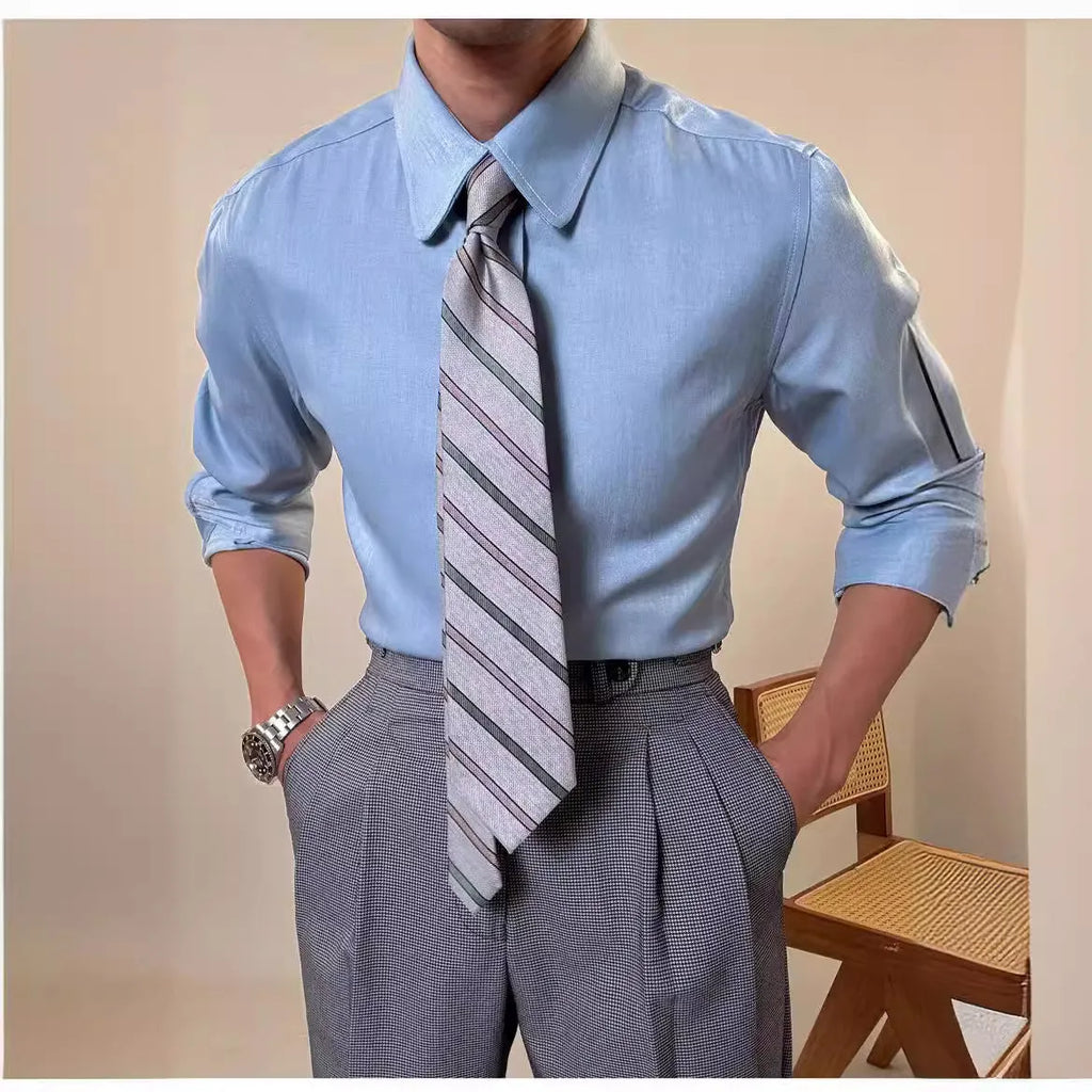Men's dark blue slim fit round collar long sleeve shirt on hanger