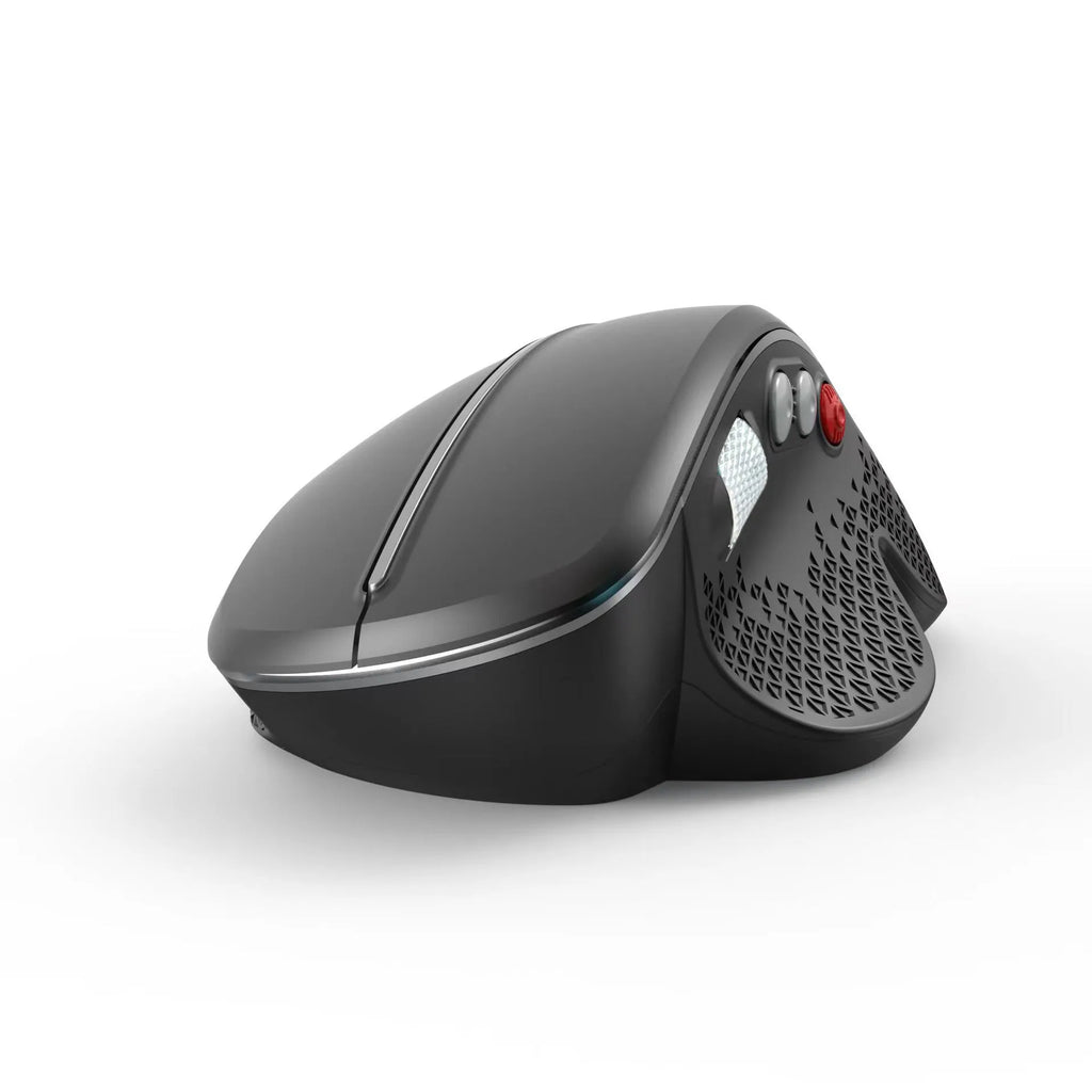 T32 black and silver wireless vertical ergonomic mouse with side aluminium roller.
