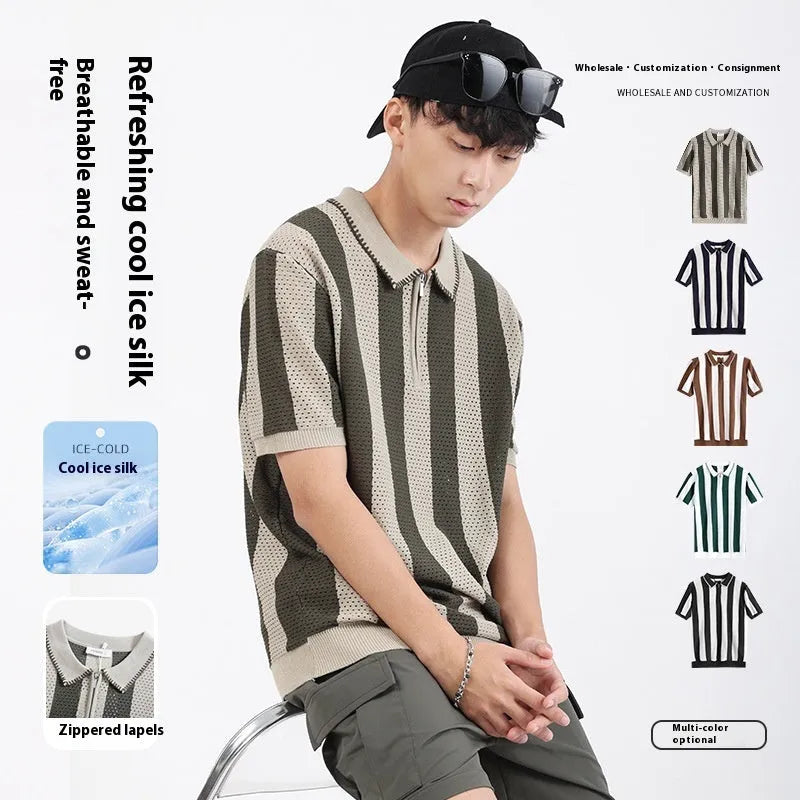 Men's striped short sleeve sweater in ice silk viscose with a decorative chest zipper.