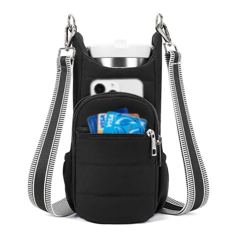 Cloth water bottle bag for mounting on bicycle handlebars in beige colour