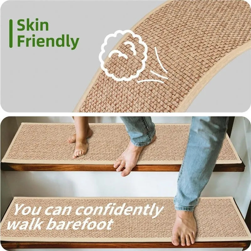Japanese-style linen-look stair runner mat in camel colour on wooden steps