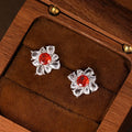 Retro red U-shaped and quadrilateral drop earrings in 925 silver with white gold colour electroplating for women