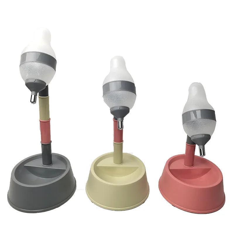 Grey adjustable standing pet water dispenser with detachable pole and ball-tip drinking nozzle