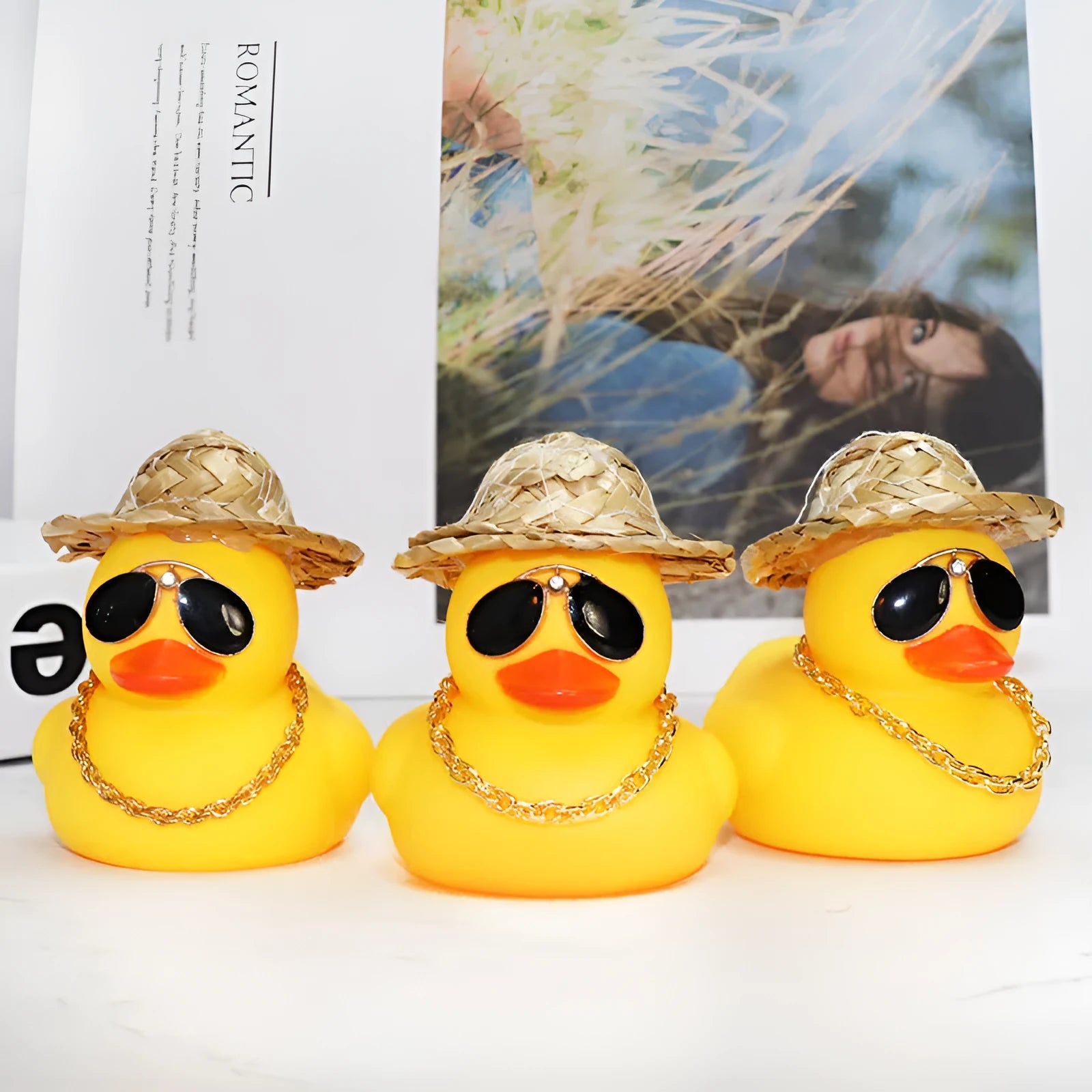Straw hat yellow duck car dashboard ornament with removable sunglasses accessory