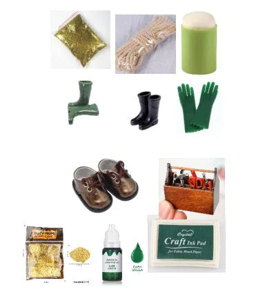 Set of 24 small food colouring bottles with assorted craft accessories including glitter, coins, and tools.