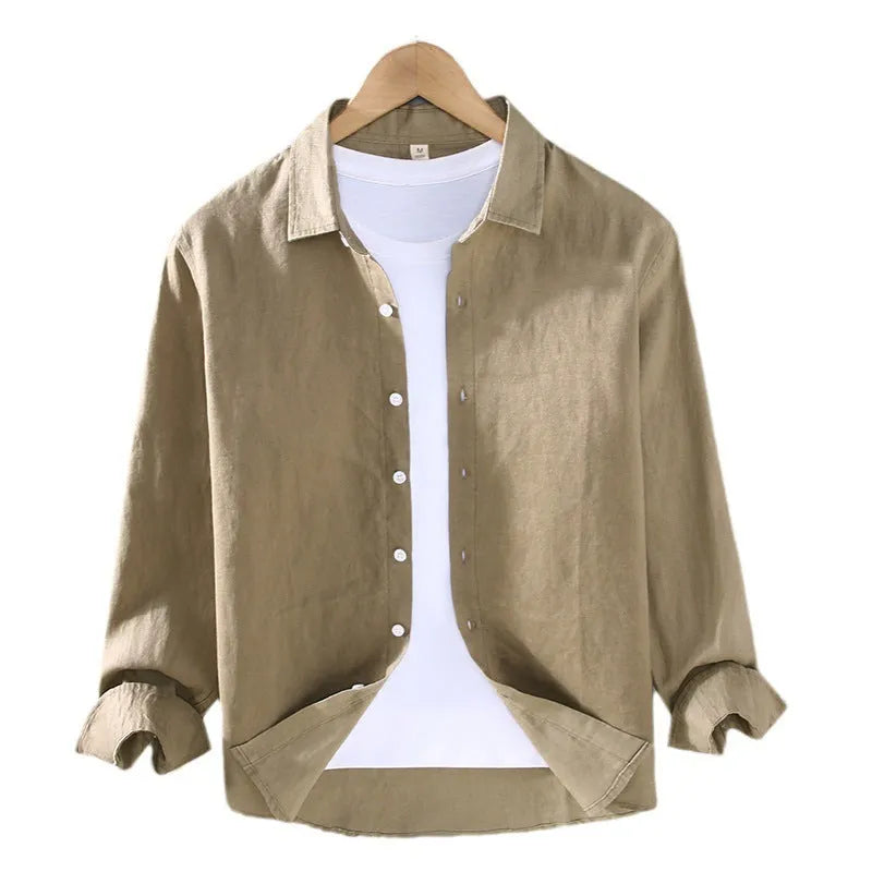 Pure linen men's cardigan-style shirt in one of nine solid colours with long sleeves and simple design