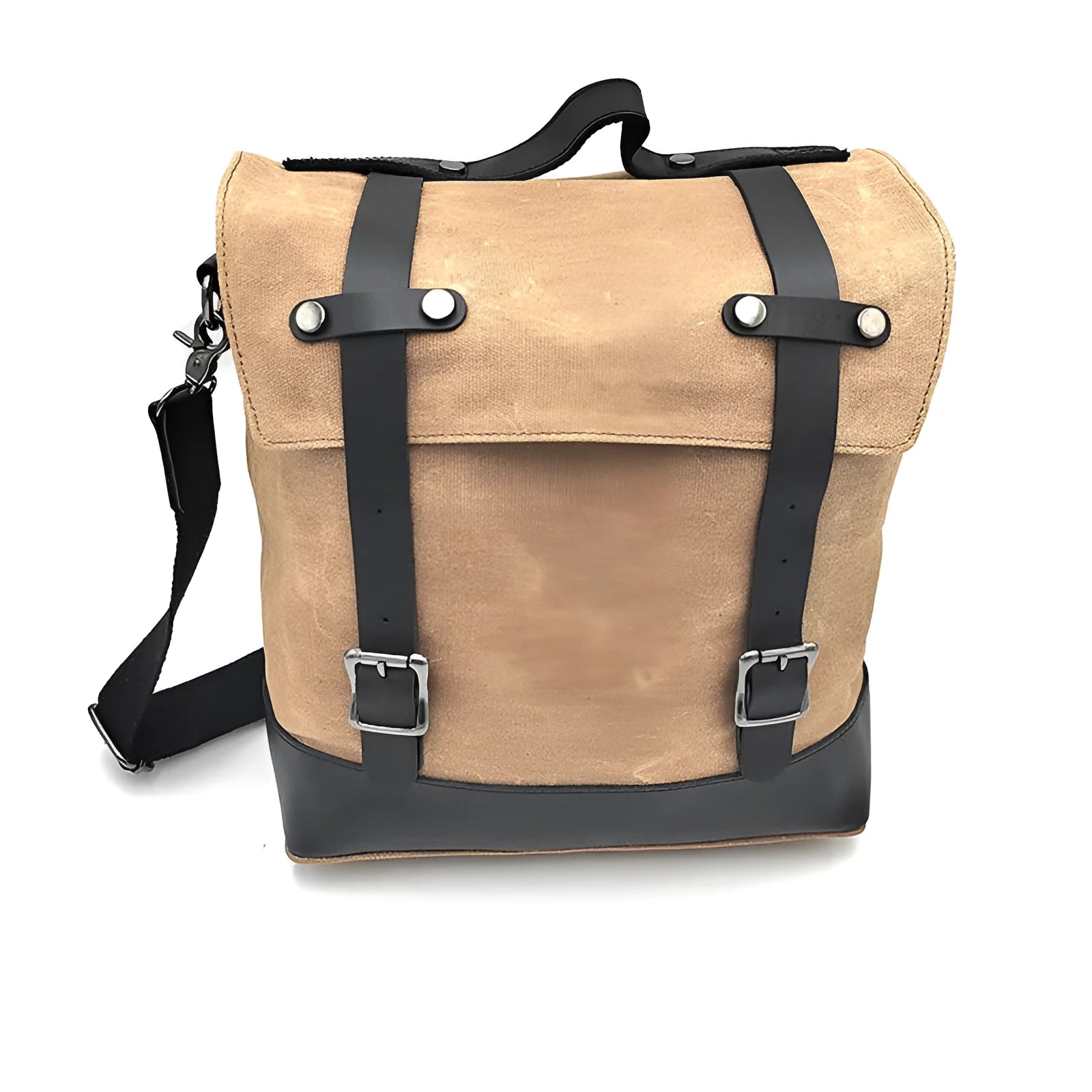 Waterproof canvas motorcycle side pannier pack with cowhide top layer in black colour