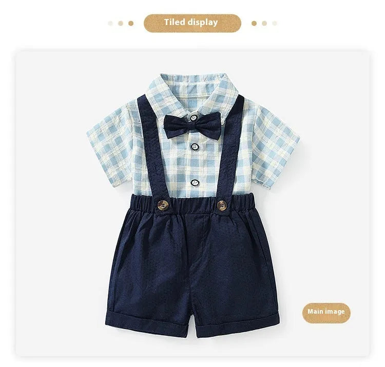 Children's blue plaid summer suit with short-sleeved blouse, suspender pants, and bow tie, sizes 80cm-110cm