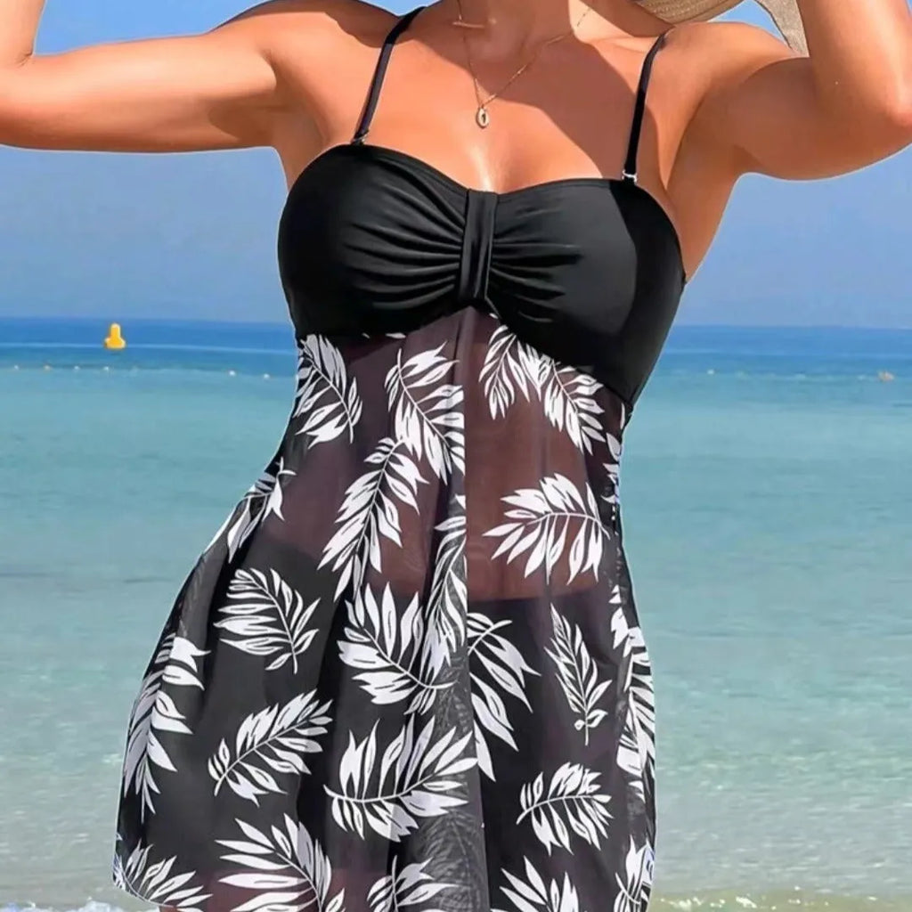 Women's high waist swim boxers in blue with mesh side panels on a mannequin.