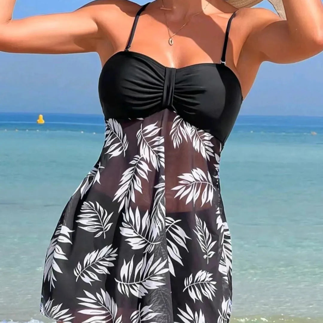 Women's high waist swim boxers in blue with mesh side panels on a mannequin.