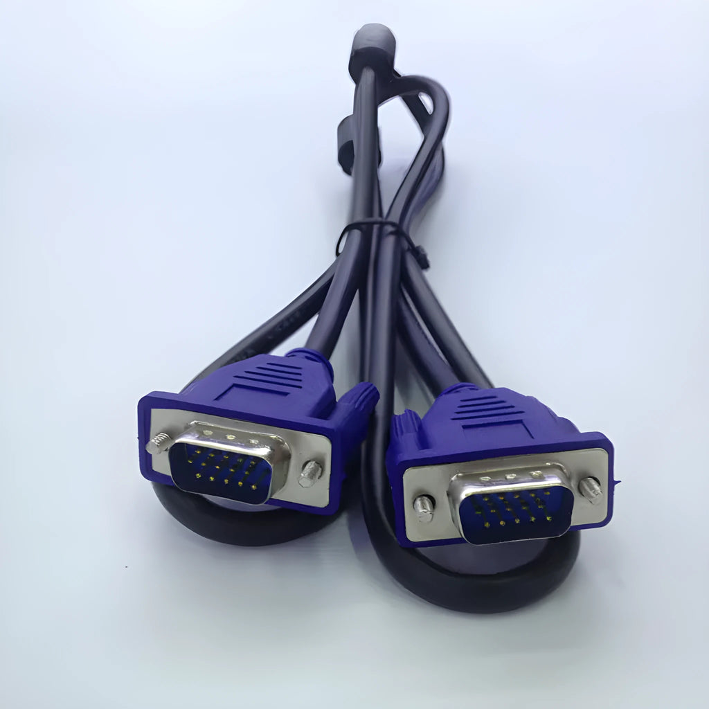 Black VGA cable with blue moulded head and nickel-plated connectors, length 1.5m