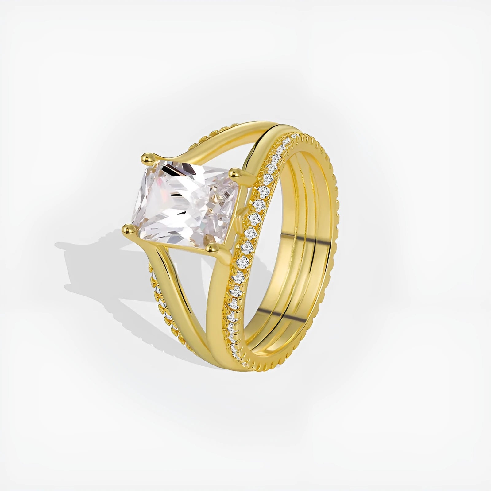 Gold geometric women's ring with square zircon stone shown in European simple luxury design
